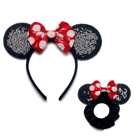 Dresyu Mouse Ears Headbands Sequin Bow Scrunchies - for Women and Girls Birthday Party Cosplay Halloween Costume