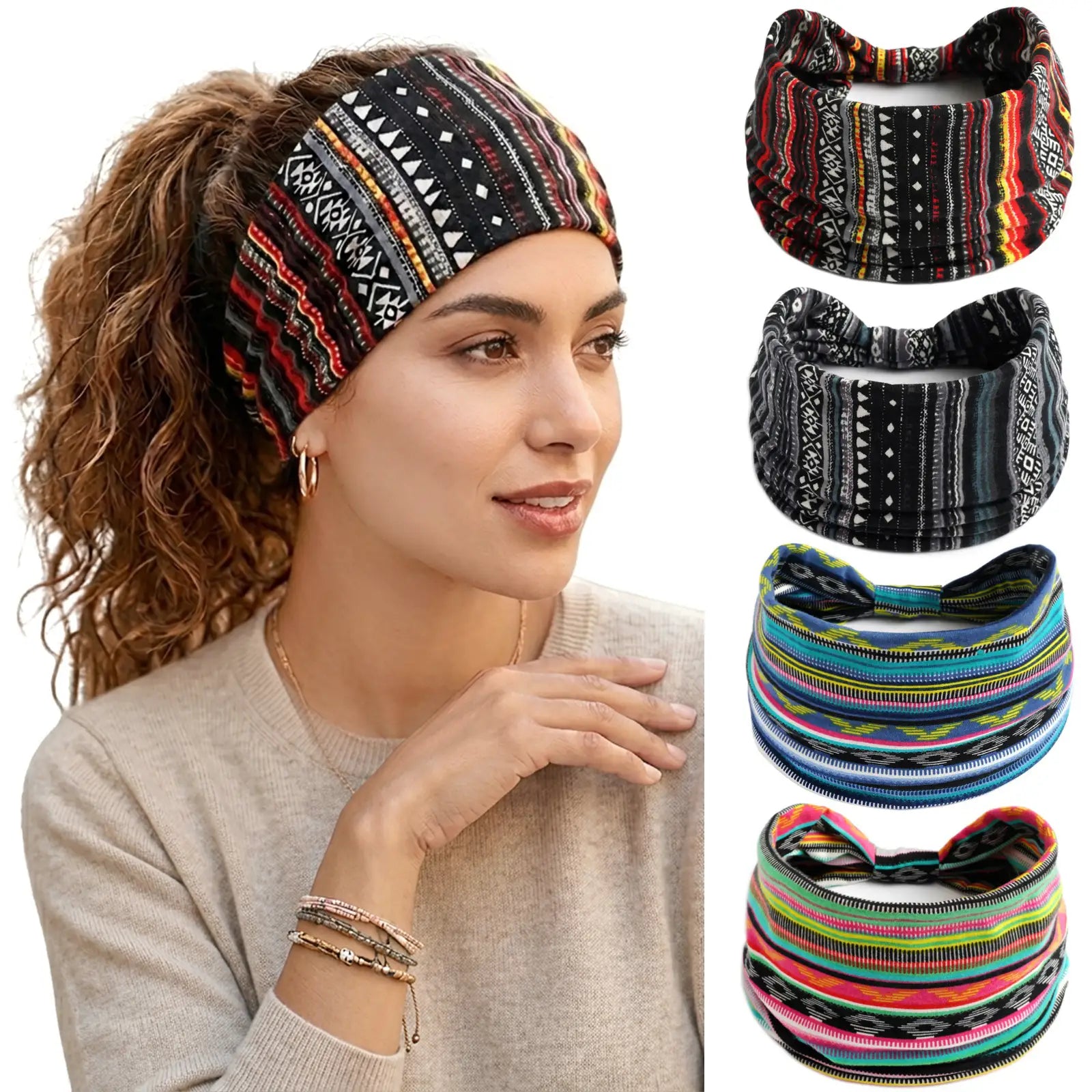Boho Striped Headband 4-Pack | Soft Stretch Wide Sport Wraps | Non-Slip Tribal Print Hairbands | Dresyu