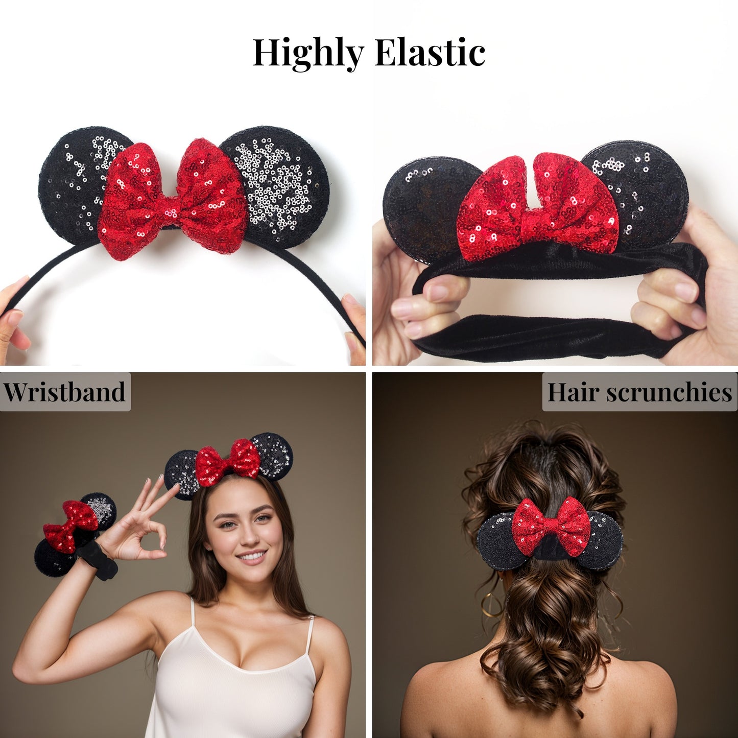 Dresyu Mouse Ears Headbands Sequin Bow Scrunchies - for Women and Girls Birthday Party Cosplay Halloween Costume