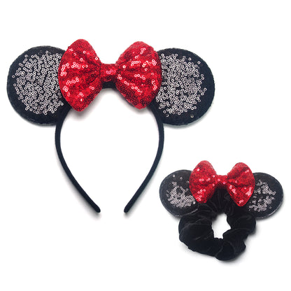 Dresyu Mouse Ears Headbands Sequin Bow Scrunchies - for Women and Girls Birthday Party Cosplay Halloween Costume