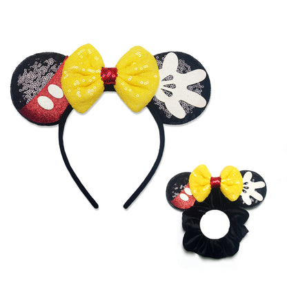 Dresyu Mouse Ears Headbands Sequin Bow Scrunchies - for Women and Girls Birthday Party Cosplay Halloween Costume