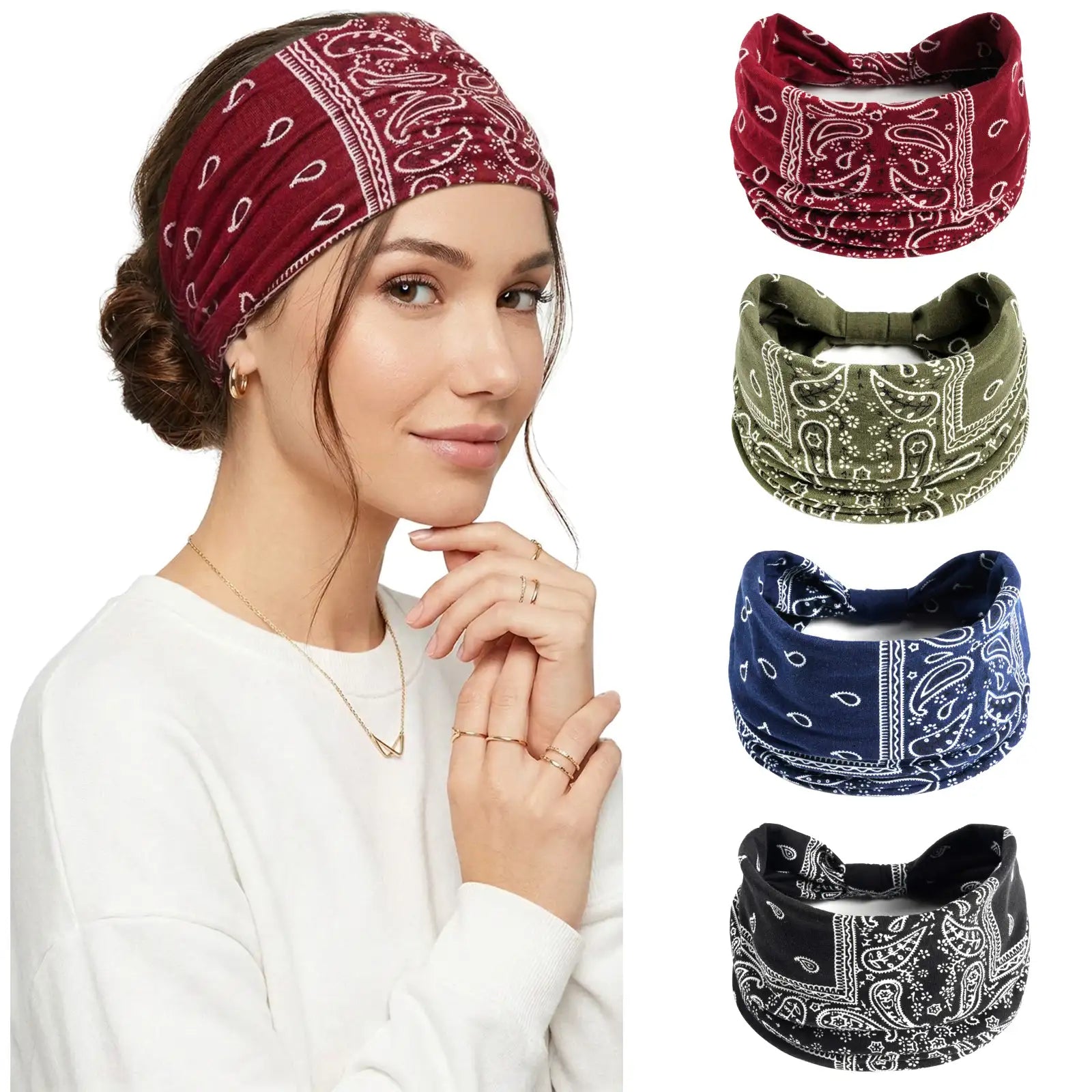 Paisley Bandana Print Headband 4-Pack | Soft Stretch Wide Sport Wraps | Non-Slip Retro Boho Hairbands | Dresyu