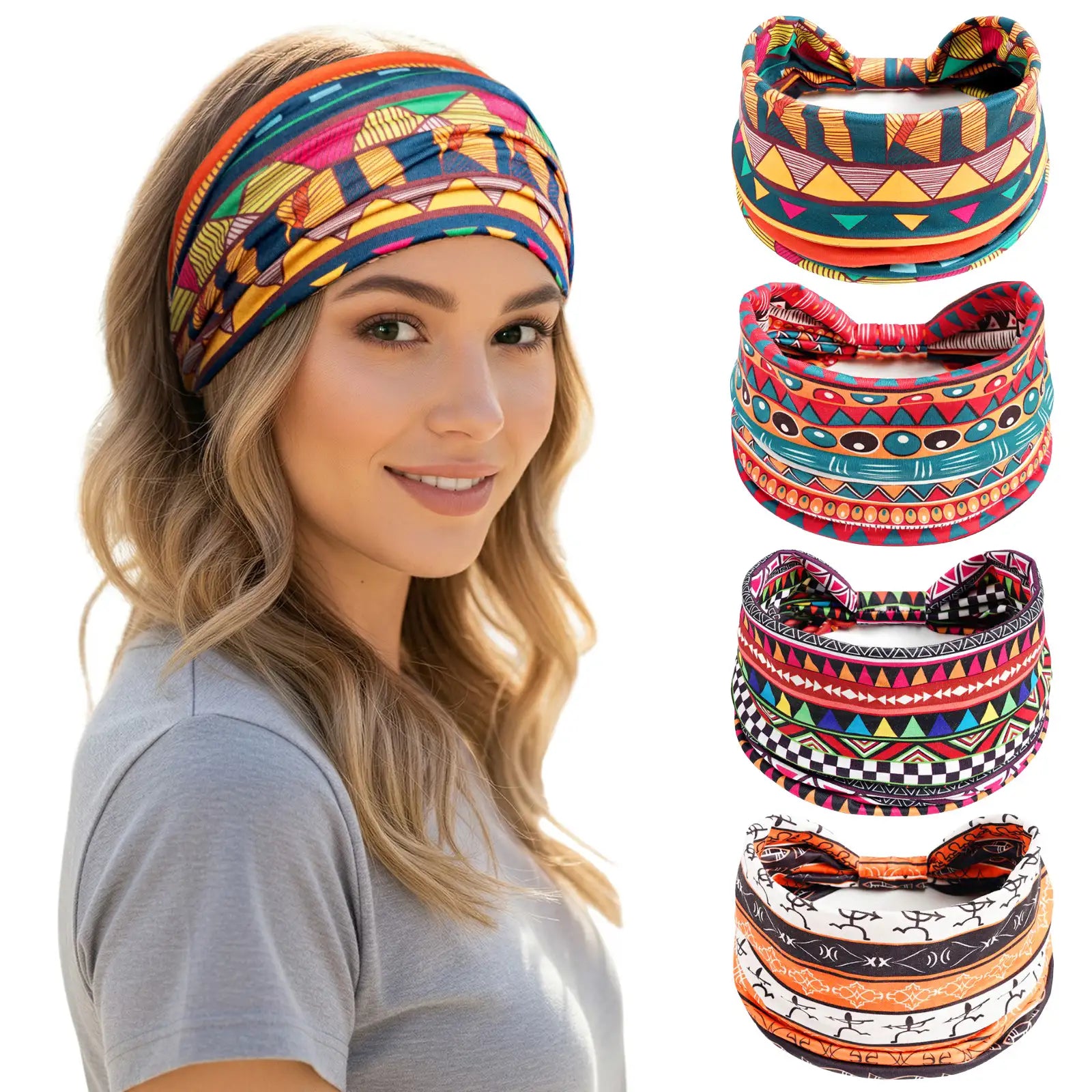 Wide Headbands for Women Boho Workout Knotted Head Bands African Non Slip Headwrap Hair Accessories 4 Pack
