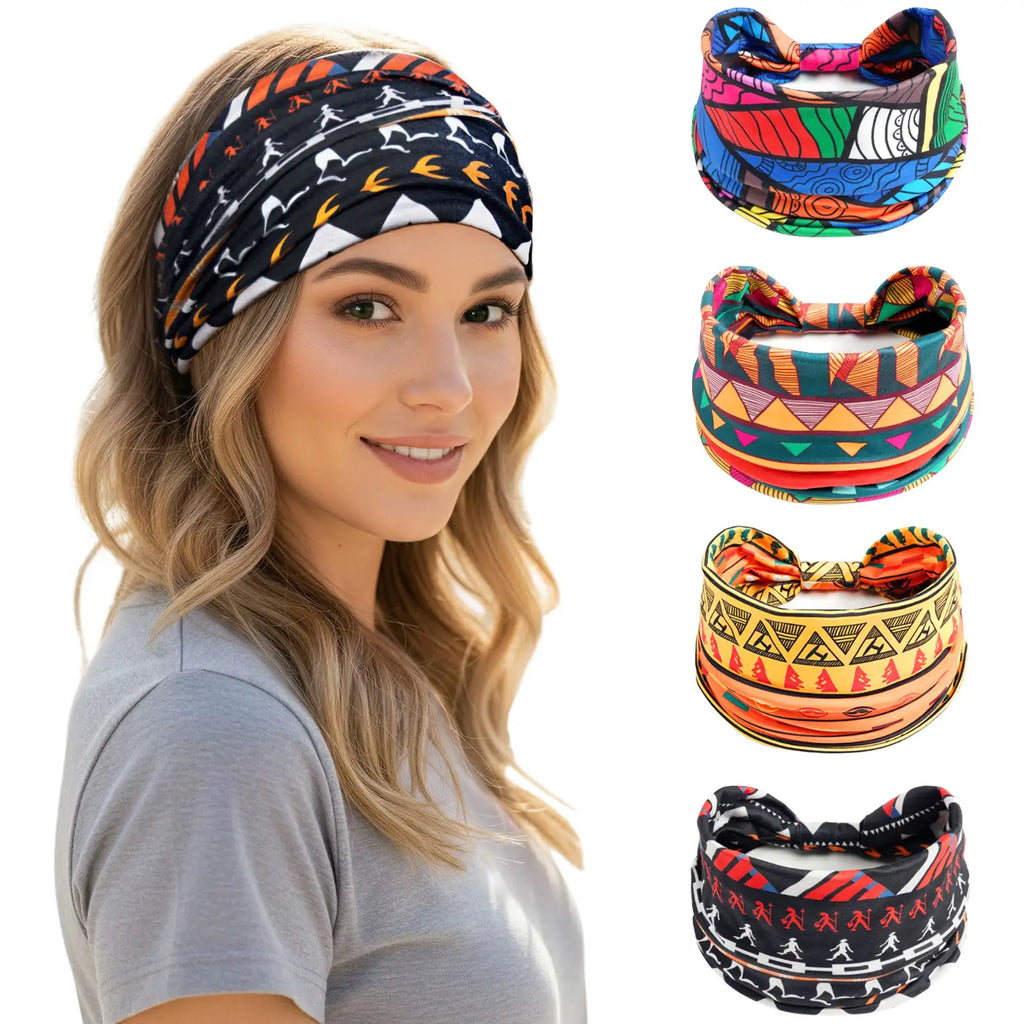 Boho Headbands 4-Pack | Wide Knotted Sport Headwraps | Non-Slip Performance Yoga Hairbands | Dresyu