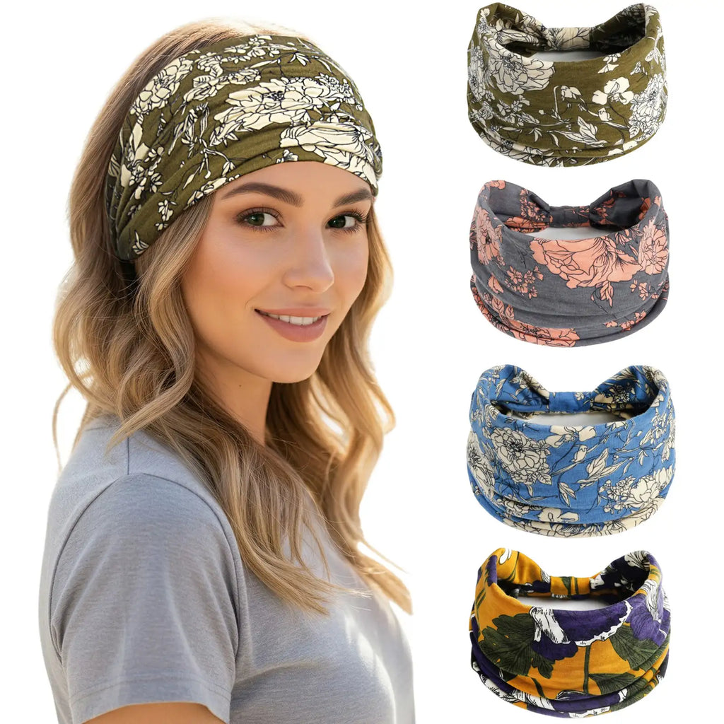 Floral Print Boho Headband 4-Pack | Soft Stretch Wide Hair Wraps | Non-Slip Turban Bands for Yoga & Daily Wear | Dresyu