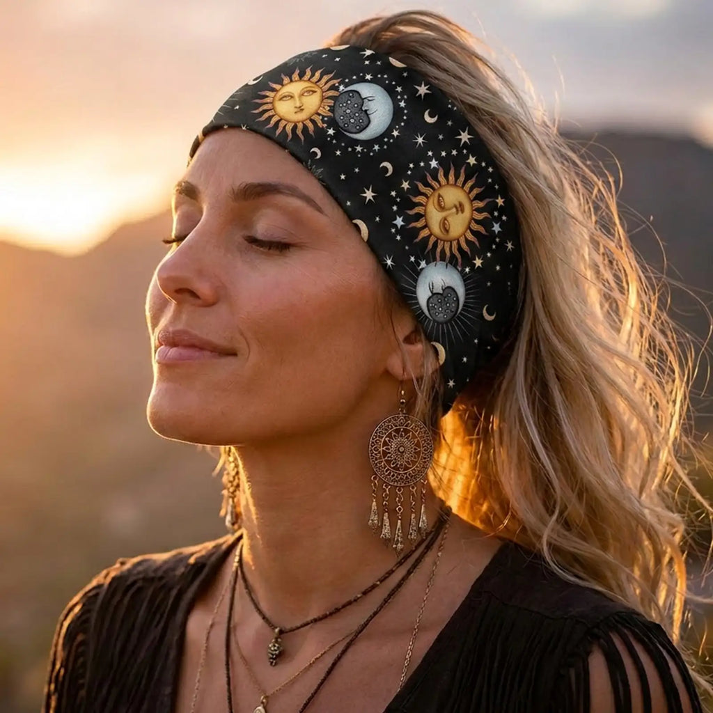 Celestial Star & Moon Headband 4-Pack | Soft Stretch Wide Sport Wraps | Non-Slip Galaxy Print Hairbands | Dresyu