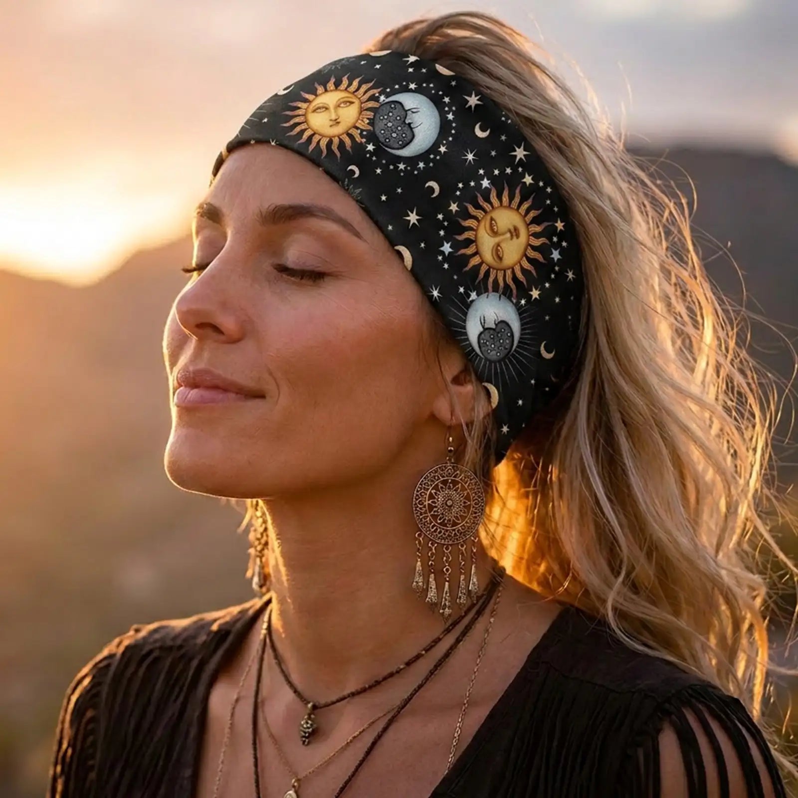 Celestial Star & Moon Headband 4-Pack | Soft Stretch Wide Sport Wraps | Non-Slip Galaxy Print Hairbands | Dresyu