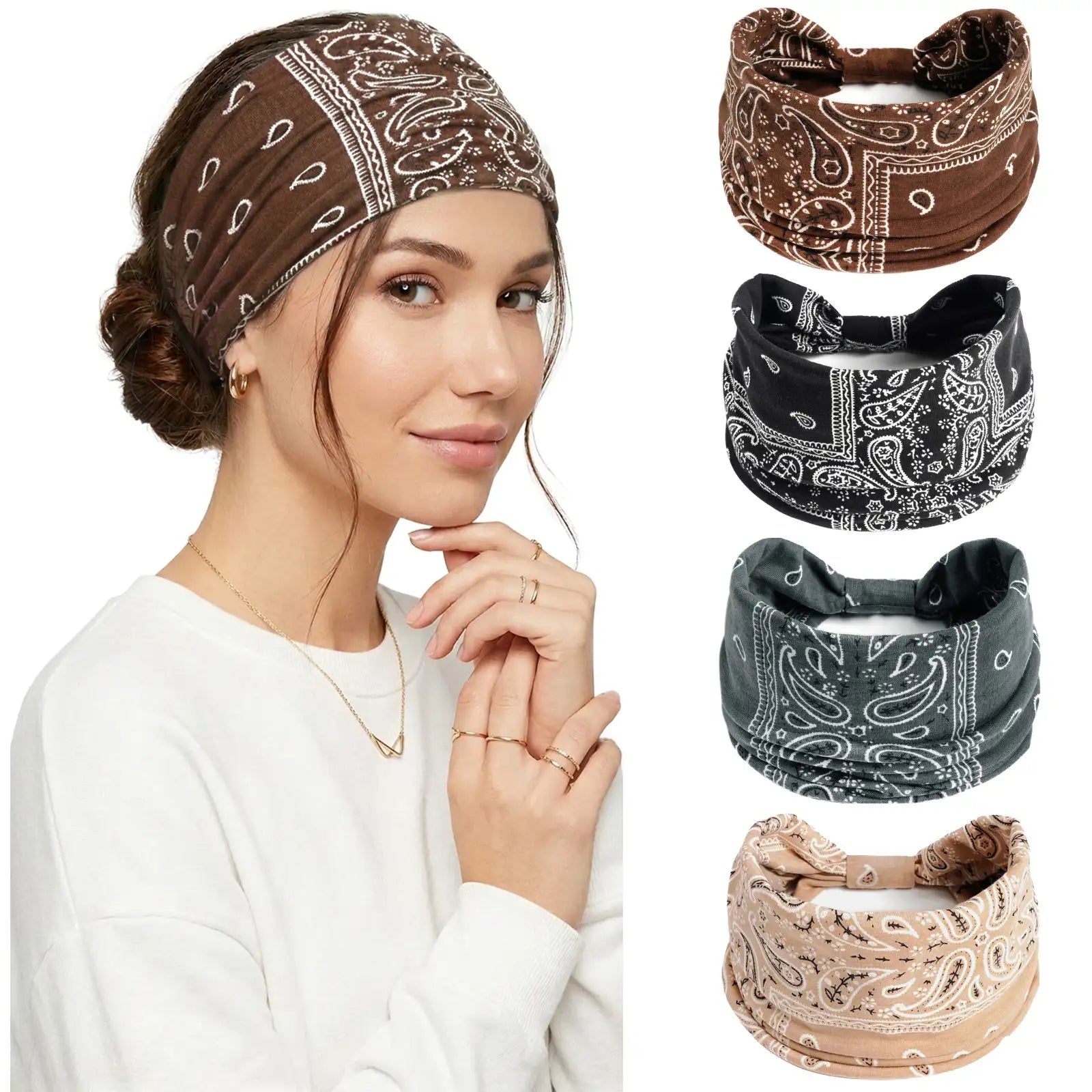Paisley Bandana Print Headband 4-Pack | Soft Stretch Wide Hair Wraps | Non-Slip Retro Boho Sport Bands | Dresyu
