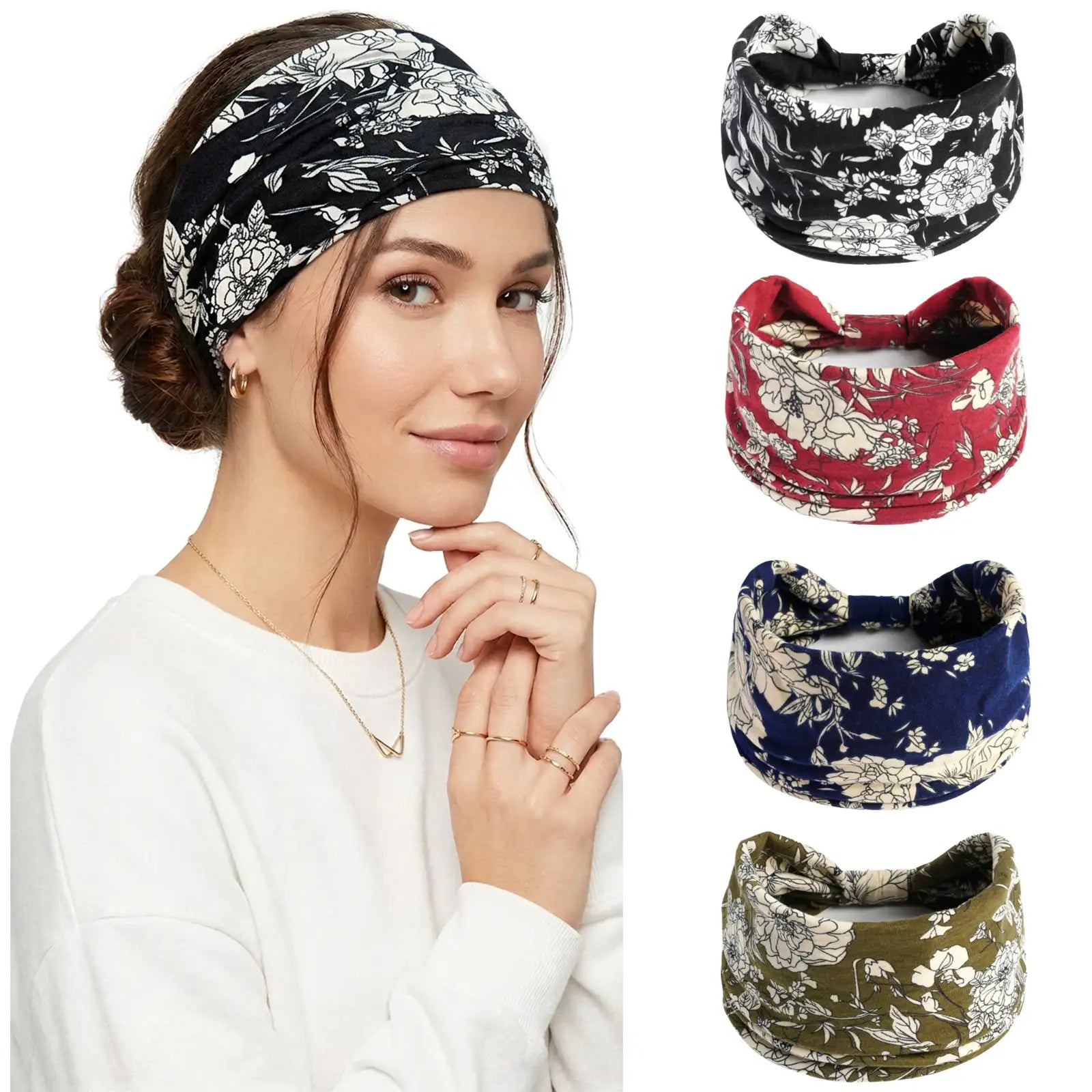 Floral Print Boho Headband 4-Pack | Soft Stretch Wide Hair Wraps | Non-Slip Turban Bands for Yoga & Daily Wear | Dresyu