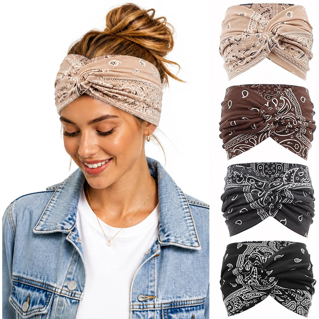 Vintage Paisley Bandana Headbands for Women | 4-Pack Soft-Stretch Wraps