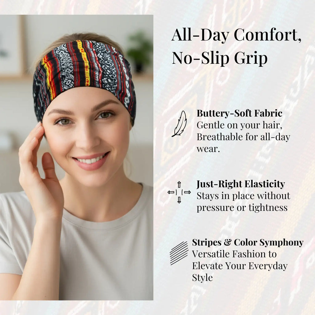 Boho Striped Headband 4-Pack | Soft Stretch Wide Sport Wraps | Non-Slip Tribal Print Hairbands | Dresyu