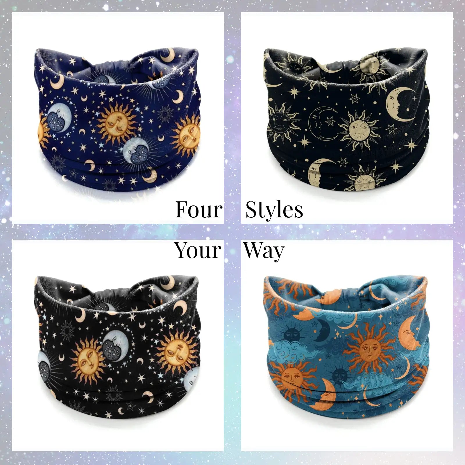 Celestial Star & Moon Headband 4-Pack | Soft Stretch Wide Sport Wraps | Non-Slip Galaxy Print Hairbands | Dresyu