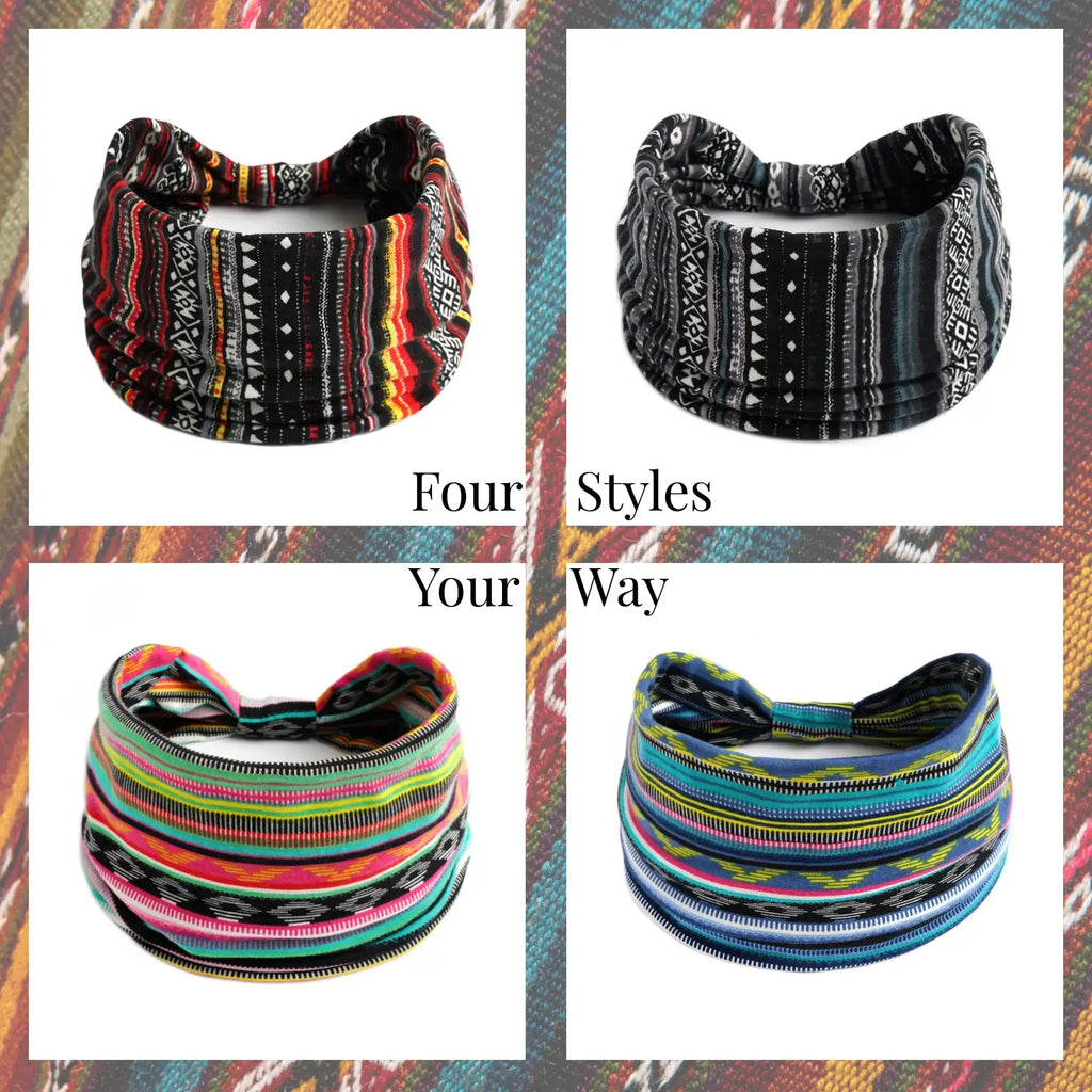 Boho Striped Headband 4-Pack | Soft Stretch Wide Sport Wraps | Non-Slip Tribal Print Hairbands | Dresyu