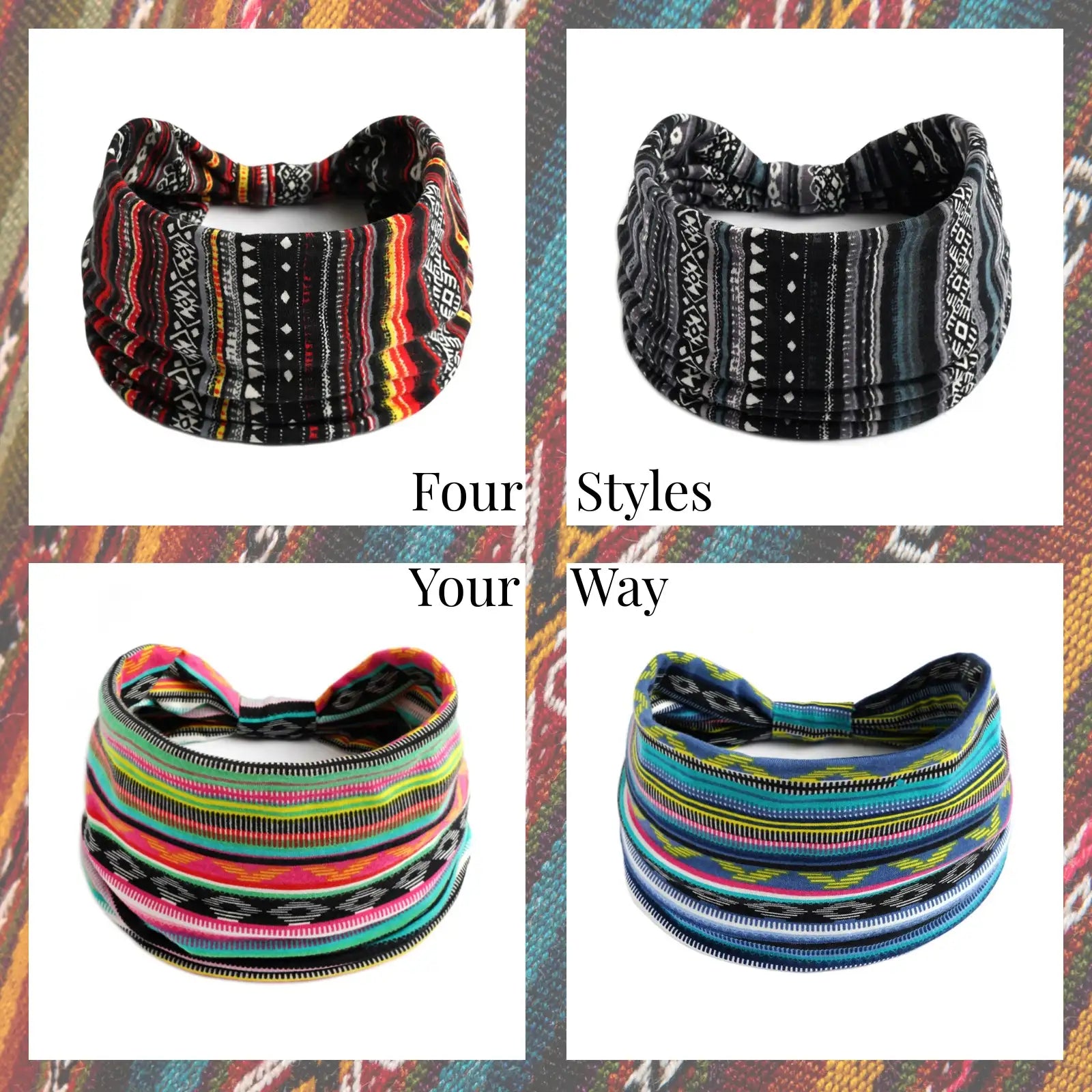Boho Striped Headband 4-Pack | Soft Stretch Wide Sport Wraps | Non-Slip Tribal Print Hairbands | Dresyu