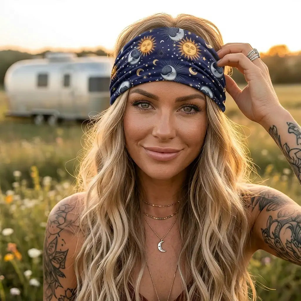 Celestial Star & Moon Headband 4-Pack | Soft Stretch Wide Sport Wraps | Non-Slip Galaxy Print Hairbands | Dresyu