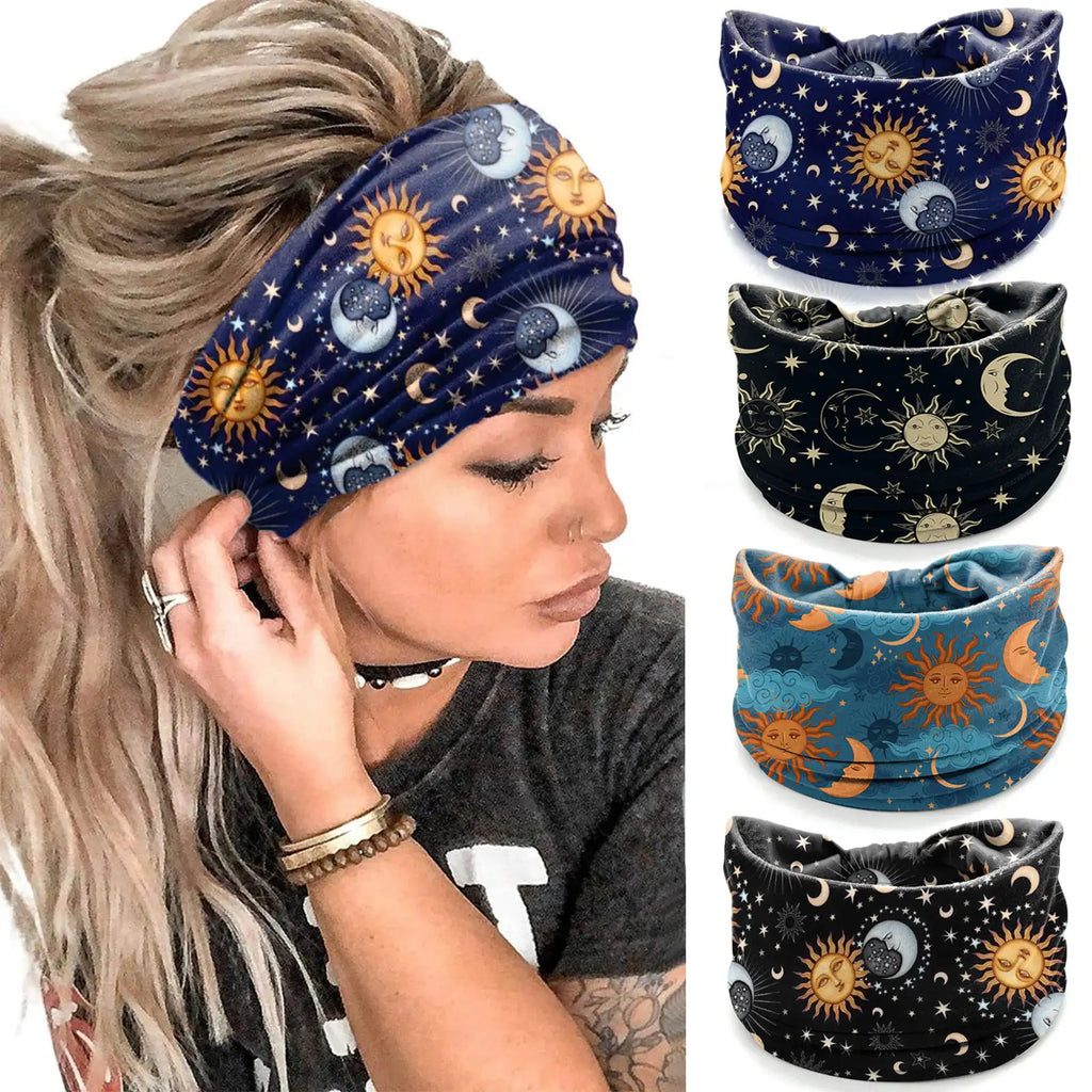 Celestial Star & Moon Headband 4-Pack | Soft Stretch Wide Sport Wraps | Non-Slip Galaxy Print Hairbands | Dresyu