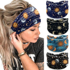 Celestial Star & Moon Headband 4-Pack | Soft Stretch Wide Sport Wraps | Non-Slip Galaxy Print Hairbands | Dresyu