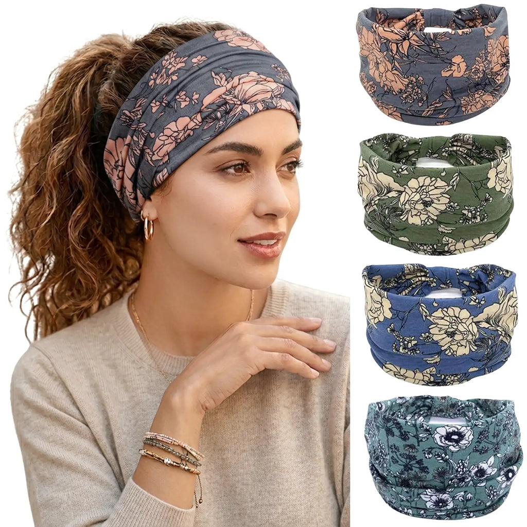 Vintage Floral & Paisley Headband 4-Pack | Soft Stretch Wide Hair Wraps | Non-Slip Boho Turban Bands for Yoga & Daily Wear | Dresyu