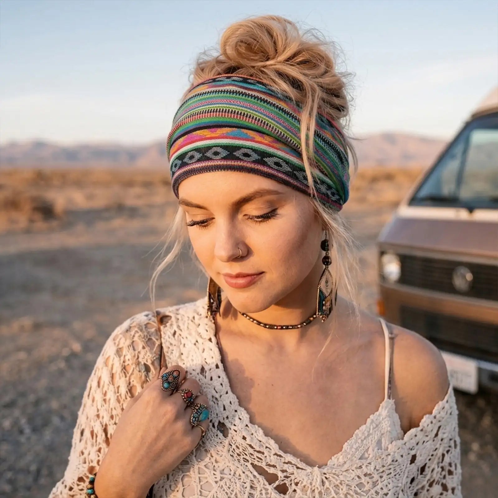 Boho Striped Headband 4-Pack | Soft Stretch Wide Sport Wraps | Non-Slip Tribal Print Hairbands | Dresyu